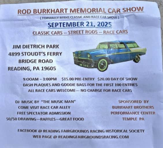 Rod Burkhart Memorial Car Show event at Jim Dietrich Park in Reading, PA on September 21, 2025