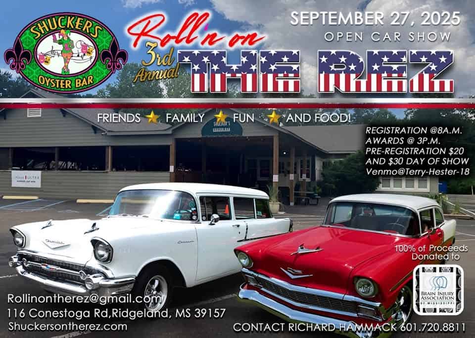 Rollin on the Rez open car show event at 116 Conestoga Rd. in Ridgeland, MS on September 27, 2025