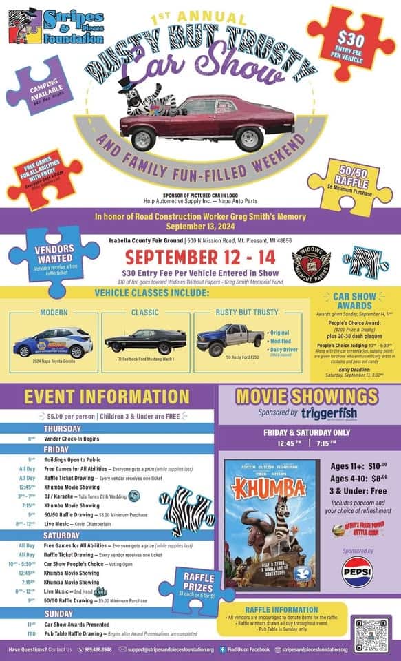 Rusty But Trusty Car Show & Family Fun Weekend event at 500 N Mission Rd in Mount Pleasant, MI on September 12, 2025
