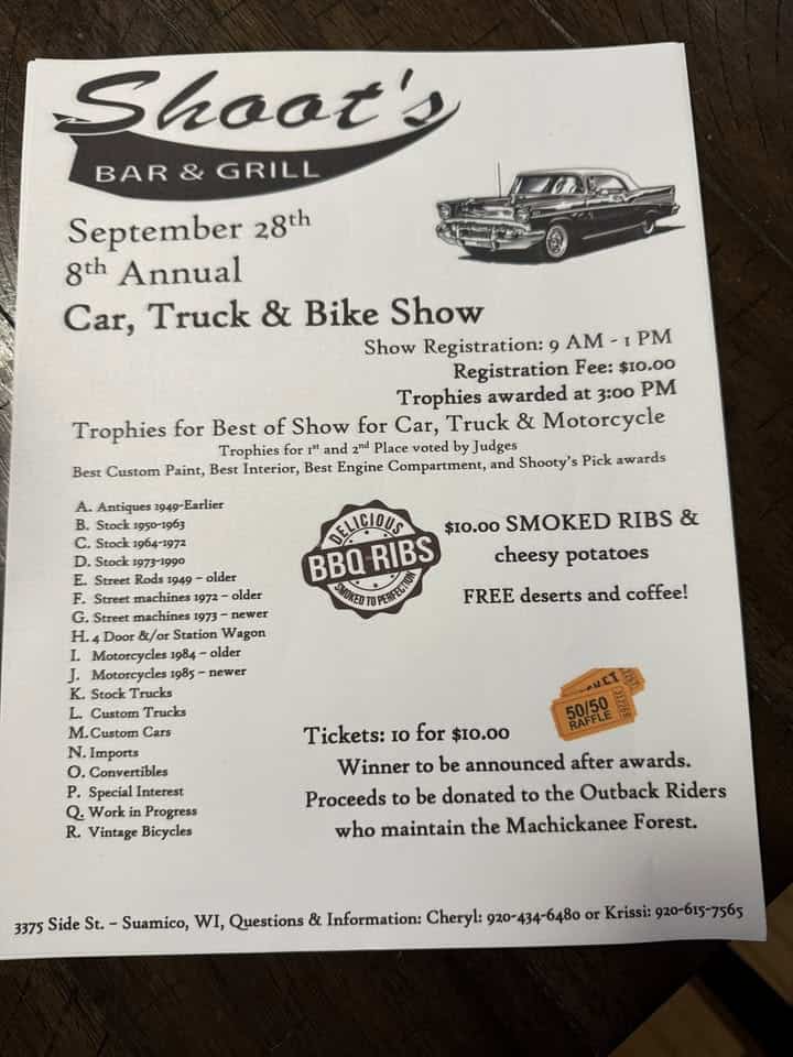 SHOOTS 8TH ANNUAL CAR SHOW! event at 3375 Side St in Suamico, WI on September 28, 2025