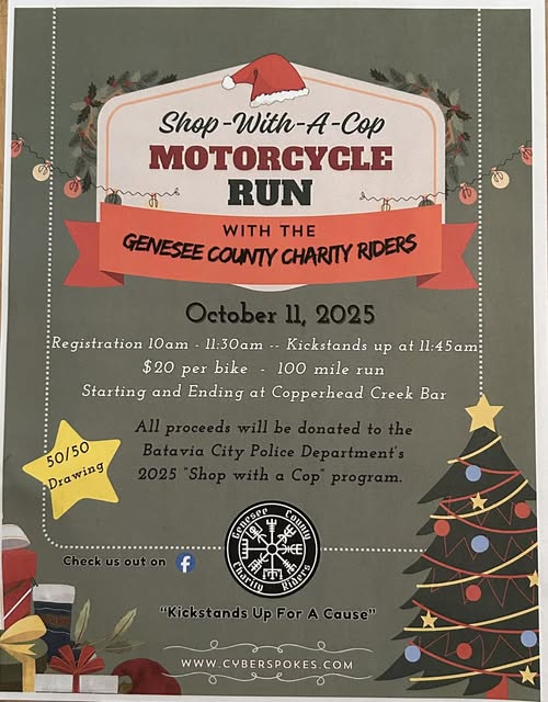 Shop-With-A-Cop Motorcycle Run with the Genesee County Charity Riders event at Copperhead Creek Bar in Batavia, NY on October 11, 2025