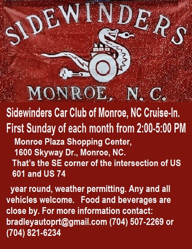 Sidewinders Car Club of Monroe, NC Cruise-In event at Monroe Plaza Shopping Center in Monroe, NC on June 2, 2025