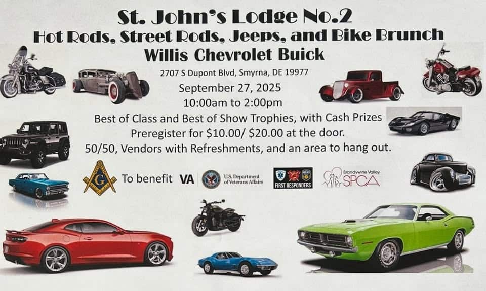 St. John’s Lodge No.2 3rd Annual Car Show event at 2707 S Dupont Blvd in Smyrna, DE on September 27, 2025