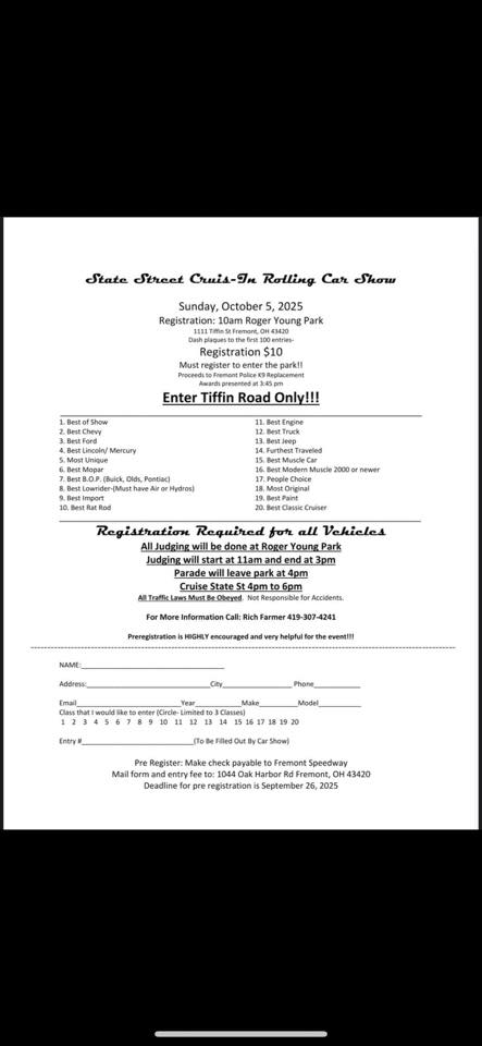 State Street Cruis-In Rolling Car Show event at Roger Young Park in Fremont, OH on October 5, 2025