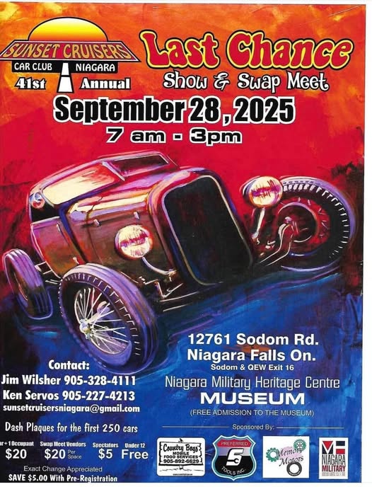 Sunset Cruisers Niagara 41st Annual Show & Swap Meet event at Niagara Military Heritage Centre in Niagara Falls, ON on September 28, 2025