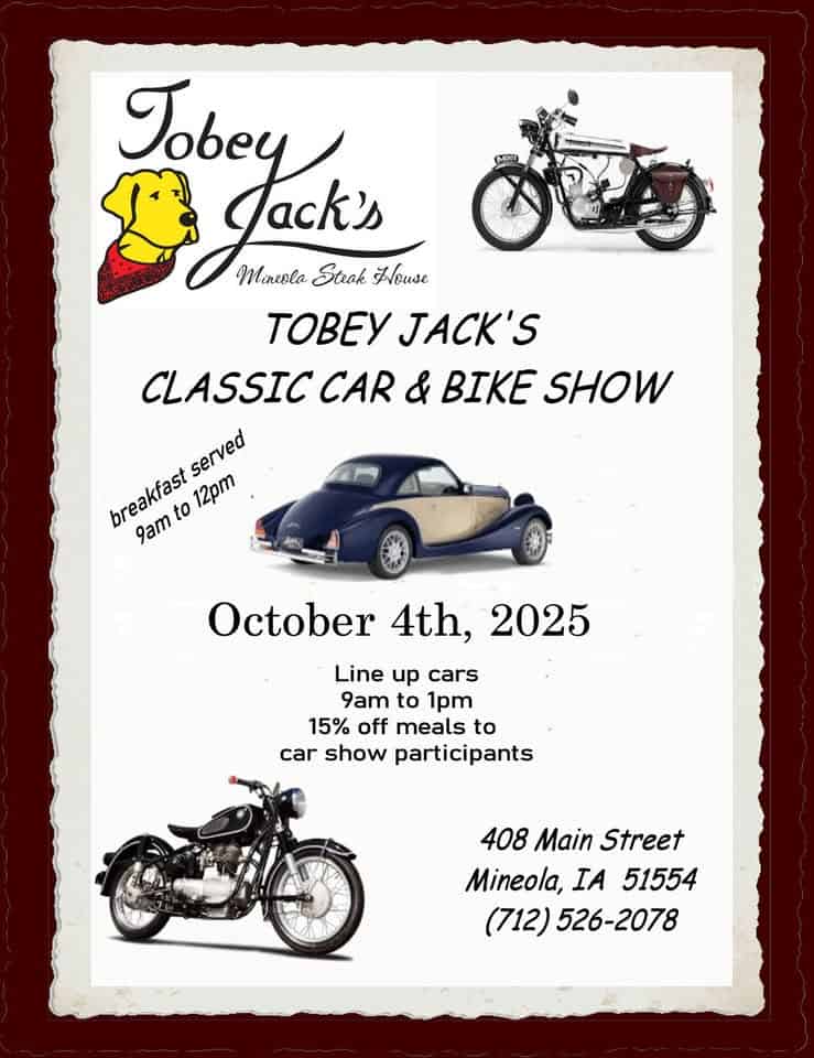 Tobey Jack's Classic Car & Bike Show event at 408 Main St in Silver City, IA on October 4, 2025