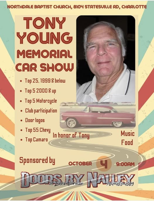 Tony Young Memorial Car Show event at Northdale Baptist Church in Charlotte, NC on October 1, 2025