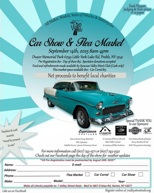 Valley Car Show & Flea Market event at Dwyer Memorial Park in Preble, NY on September 14, 2025