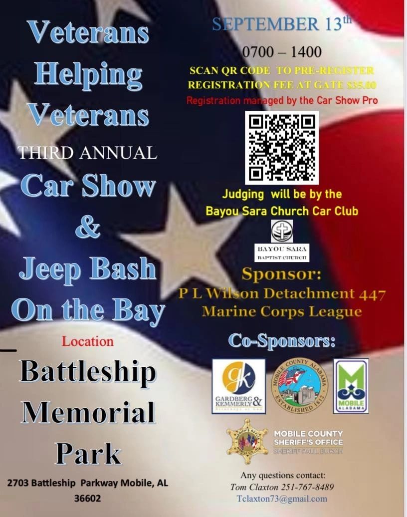 Veterans Helping Veterans Third Annual Car Show & Jeep Bash On the Bay event at Battleship Memorial Park in Mobile, AL on September 13, 2025