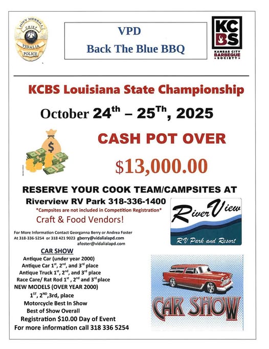 Vidalia Police VPD Back The Blue BBQ KCBS Louisiana State Championship event at Riverview RV Park and Resort in Vidalia, LA on October 24, 2025