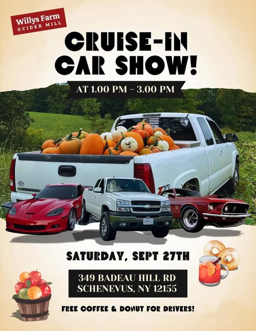 Willys Farm & Cider Mill Cruise-In Car Show event at Willys Farm & Cider Mill in Schenevus, NY on September 27, 2025