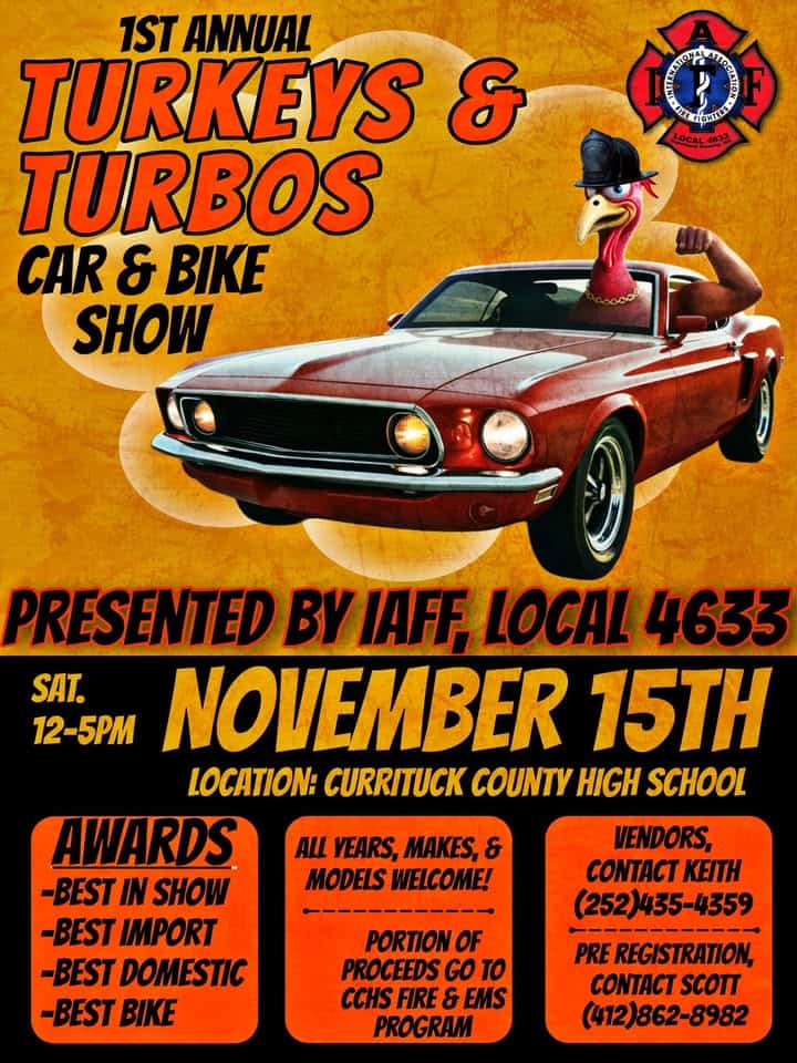 1st Annual Turkeys and Turbos Car & Bike Show event at 4203 Caratoke Hwy in Barco, NC on November 15, 2025
