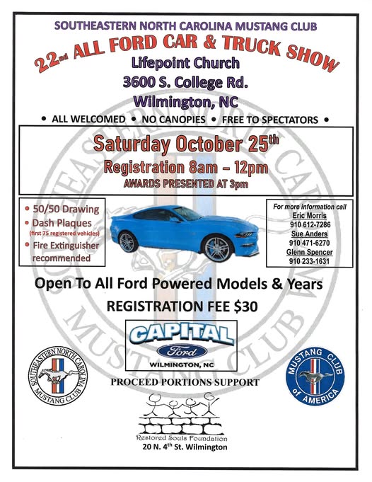 22nd ALL FORD CAR & TRUCK SHOW event at Lifepoint Church in Wilmington, NC on October 25, 2025