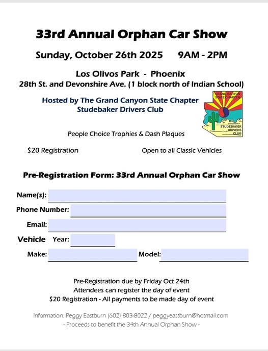 33rd Annual Orphan Car Show event at Los Olivos Park in Phoenix, AZ on October 26, 2025