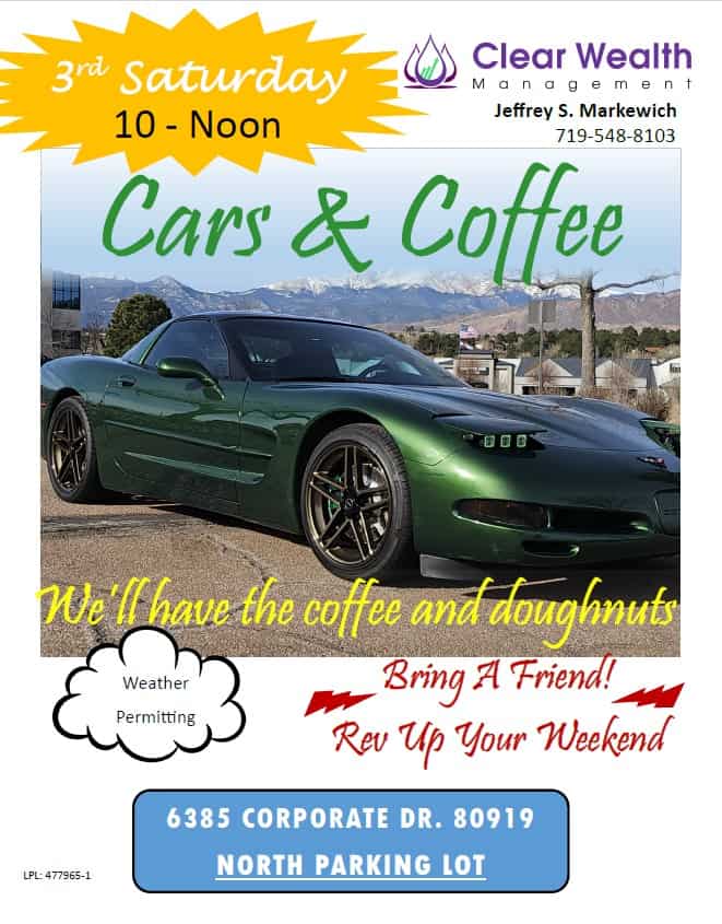 3rd Saturday Cars & Coffee COS event at 6385 Corporate Dr in Colorado Springs, CO on October 18, 2025