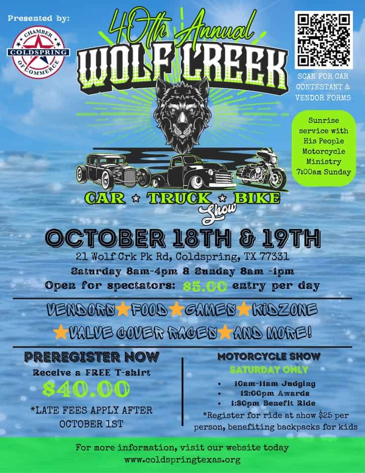 40th Annual Wolf Creek Car Show event at 50 Wolf Creek Park Rd in Coldspring, TX on October 18, 2025