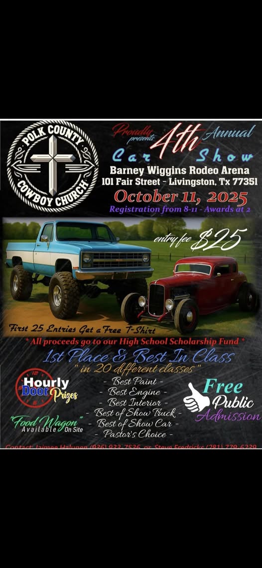 4th Annual Car Show event at Barney Wiggins Rodeo Arena in Livingston, TX on October 11, 2025
