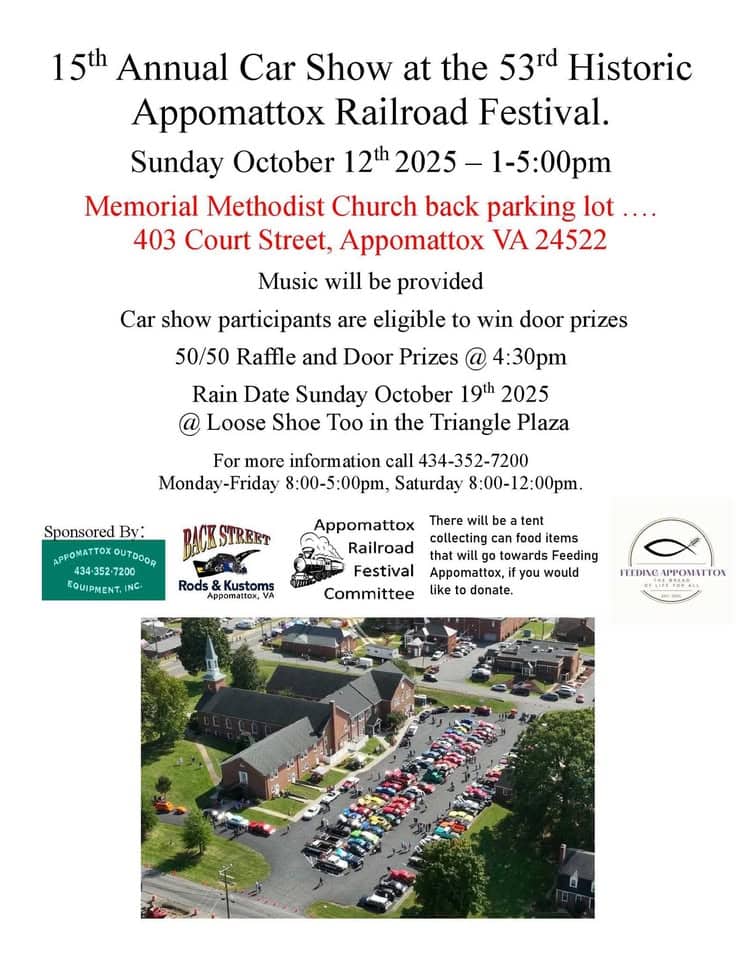 Appomattox Railroad Festival Car Show event at 403 Court St in Appomattox, VA on October 12, 2025