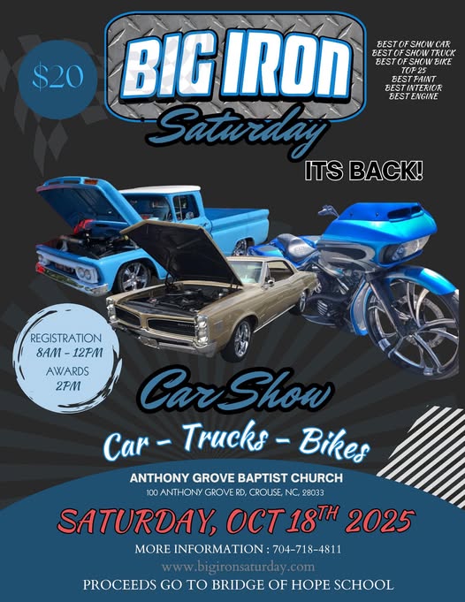 Big Iron Saturday Car Show event at Anthony Grove Baptist Church in Crouse, NC on October 18, 2025