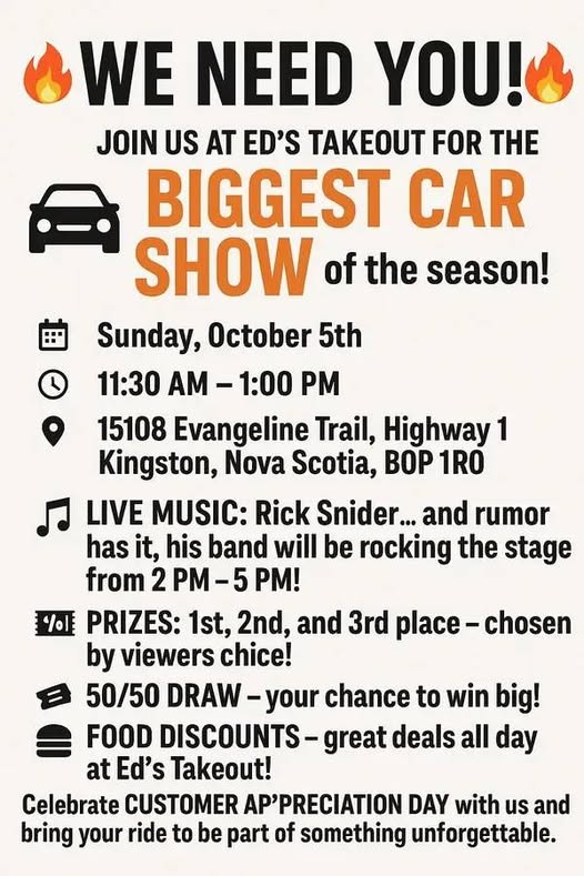 Biggest Car Show of the Season event at Ed's Takeout in Kingston, NS on October 5, 2025