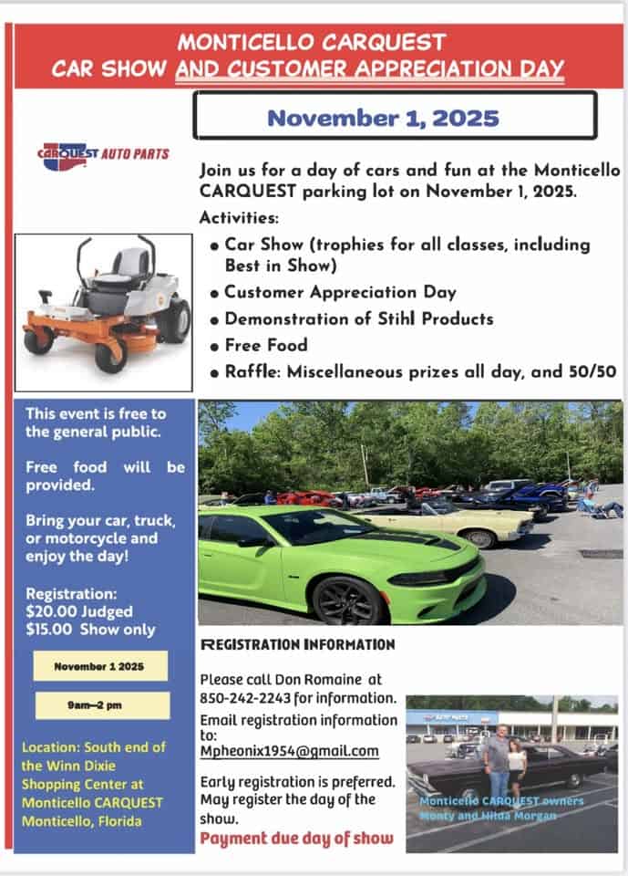 Car Show event at 1321 S Jefferson St in Monticello, FL on November 1, 2025
