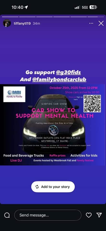 CAR SHOW FOR MENTAL HEALTH AWARENESS event at 314 Flat Rock Pl in Westbrook, CT on October 25, 2025