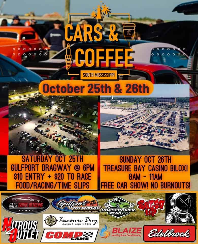 Cars and Coffee Trackside event at 17085 Racetrack Rd in Gulfport, MS on October 25, 2025