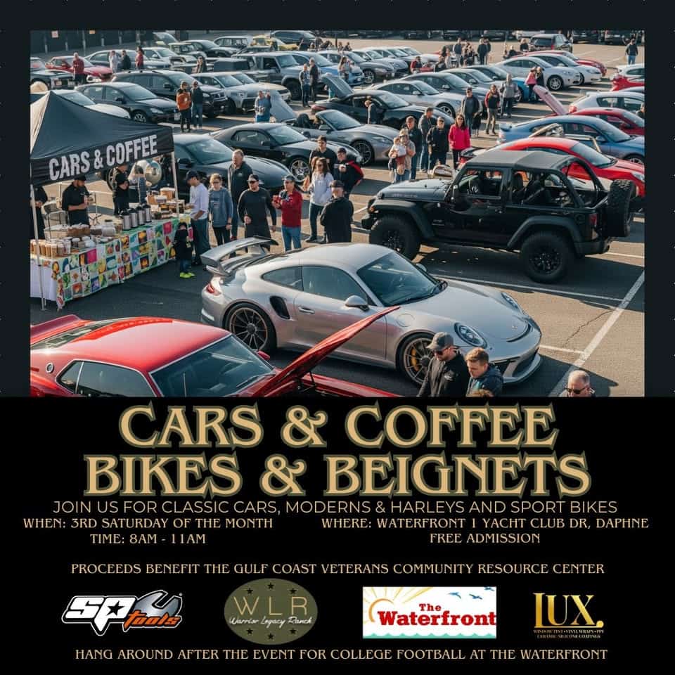 Cars & Coffee, Bikes & Beignets event at 1 Yacht Club Dr in Daphne, AL on October 18, 2025