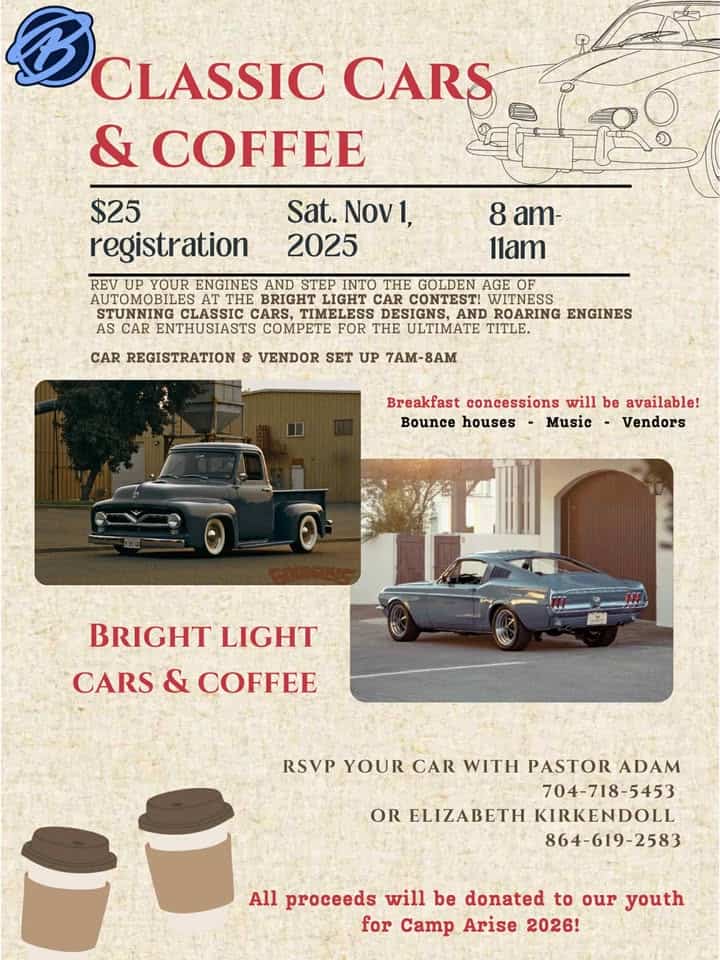 Classic Cars & Coffee event at 1085 N Congress St in York, SC on November 1, 2025