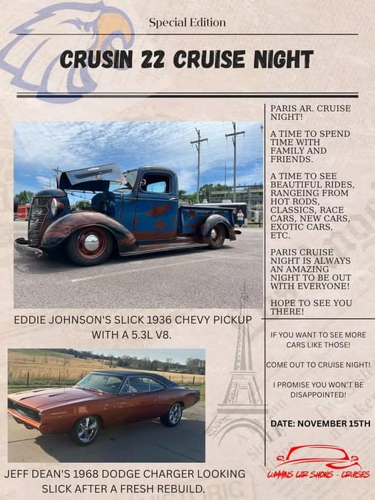 Crusin 22 Cruise Night event at Air Evac 22 in Paris, AR on November 15, 2025