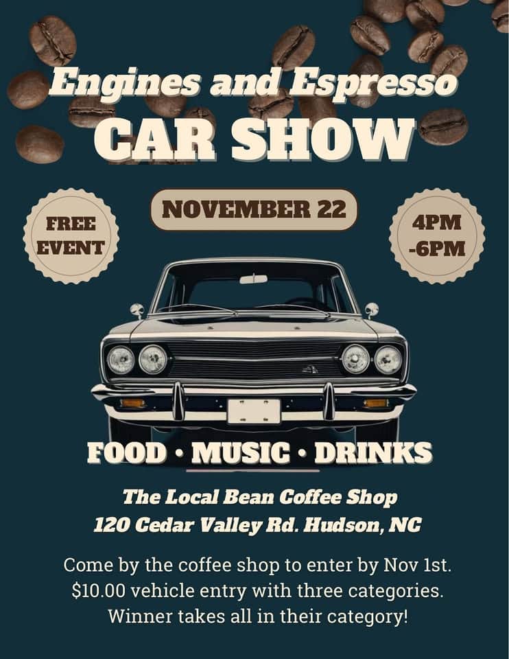 Engines & Espresso Car Show event at 120 Cedar Valley in Hudson, NC on November 22, 2025