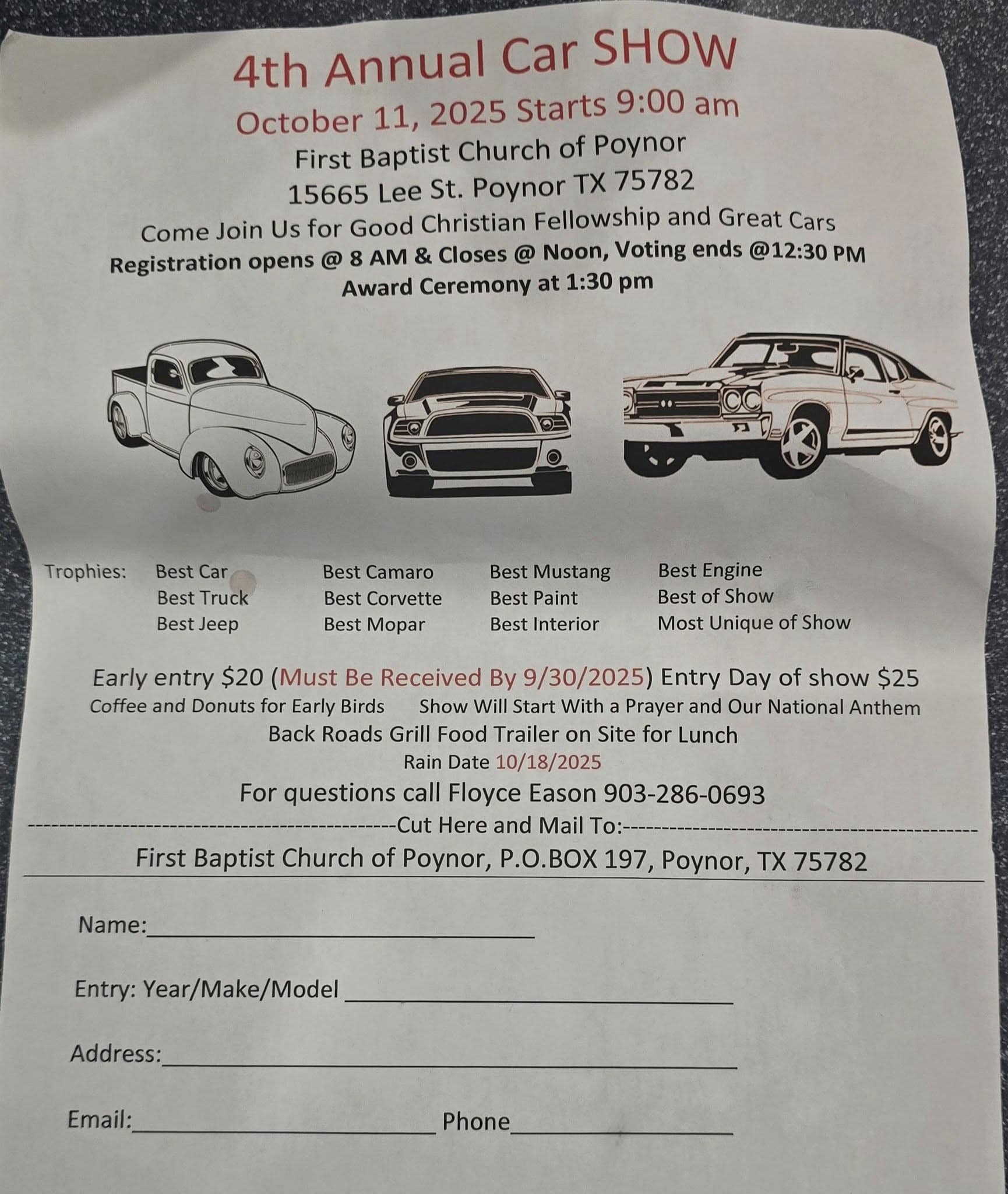 First Baptist Church of Poynor 4th Annual Car Show event at First Baptist Church of Poynor in Poynor, TX on October 11, 2025