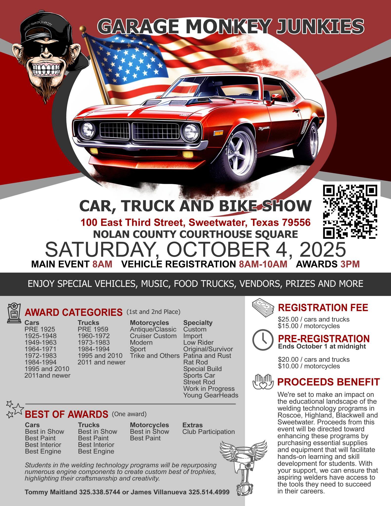 Garage Monkey Junkies Car, Truck and Bike Show event at Nolan County Courthouse Square in Sweetwater, TX on October 4, 2025