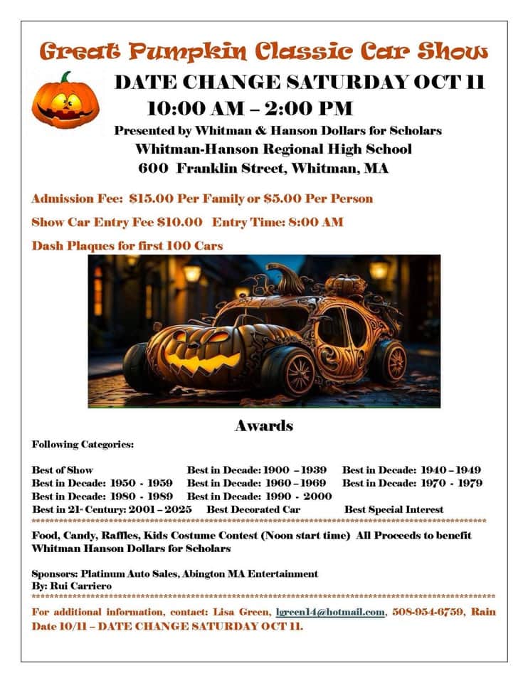 Great Pumpkin Classic Car Show event at 598 Franklin St in Whitman, MA on October 12, 2025