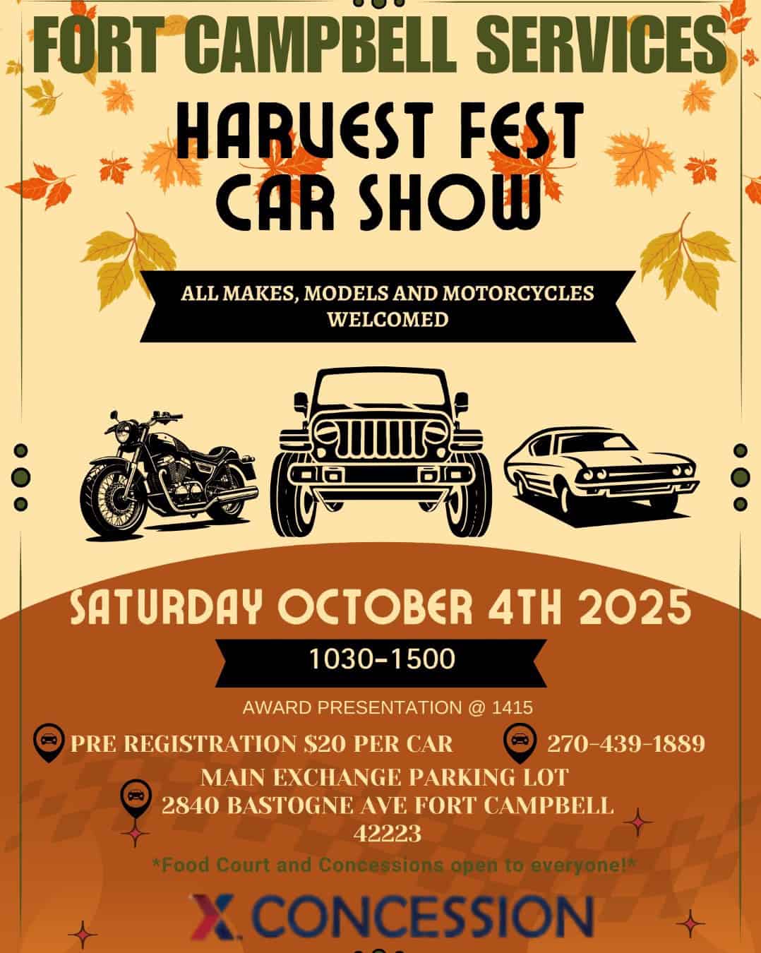 Harvest Fest Car Show event at Main Exchange Parking Lot in Fort Campbell, KY on October 4, 2025