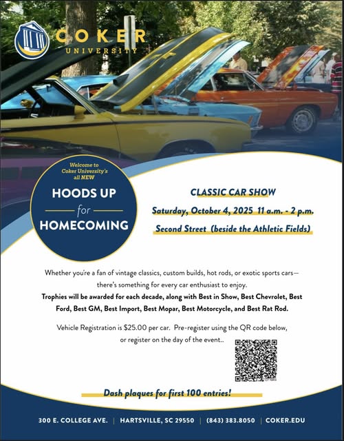 Hoods Up - Homecoming Classic Car Show event at Second Street (beside the Athletic Fields) in Hartsville, SC on October 4, 2025