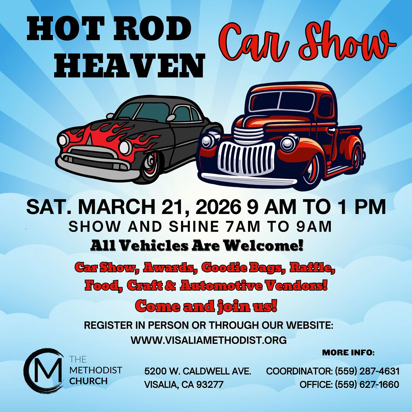 HOT ROD HEAVEN Car Show event at The Methodist Church in Visalia, CA on March 21, 2026