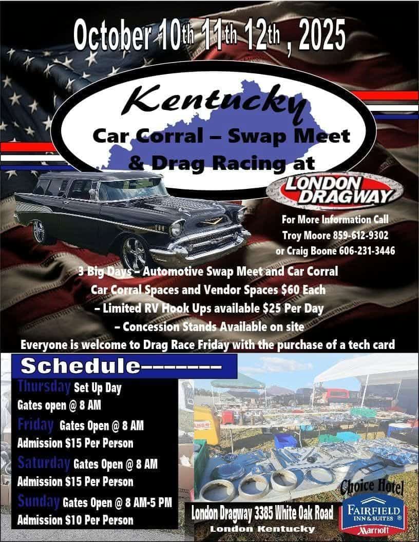 Kentucky Car Corral – Swap Meet & Drag Racing event at London Dragway in London, KY on October 10, 2025