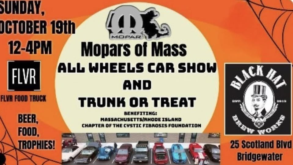 Mopars of Mass All Wheels Car Show and Trunk or Treat event at Black Hat Brew Works in Bridgewater, MA on October 19, 2025