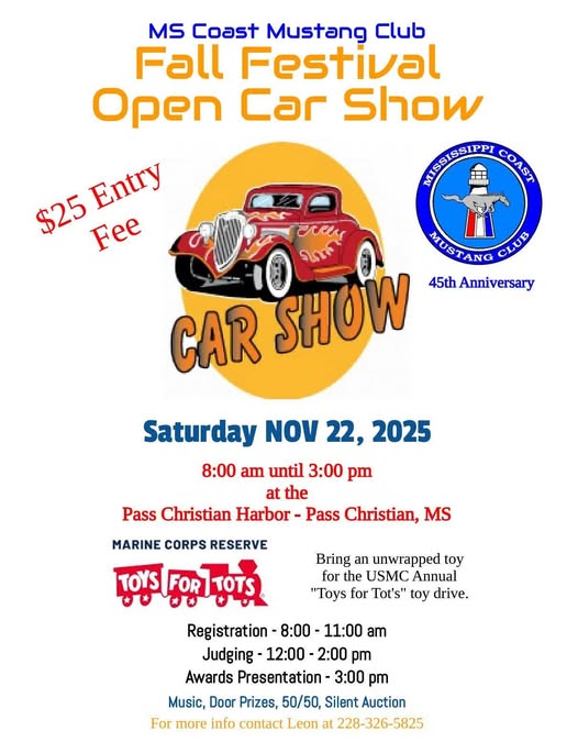 MS Coast Mustang Club Fall Festival Open Car Show event at Pass Christian Harbor in Pass Christian, MS on November 22, 2025