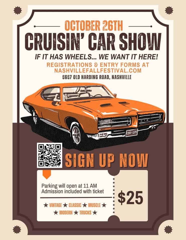 Nashville Fall Festival 1st Annual Cruisin' Car Show event at 8687 Old Harding Pike in Nashville, TN on October 26, 2025