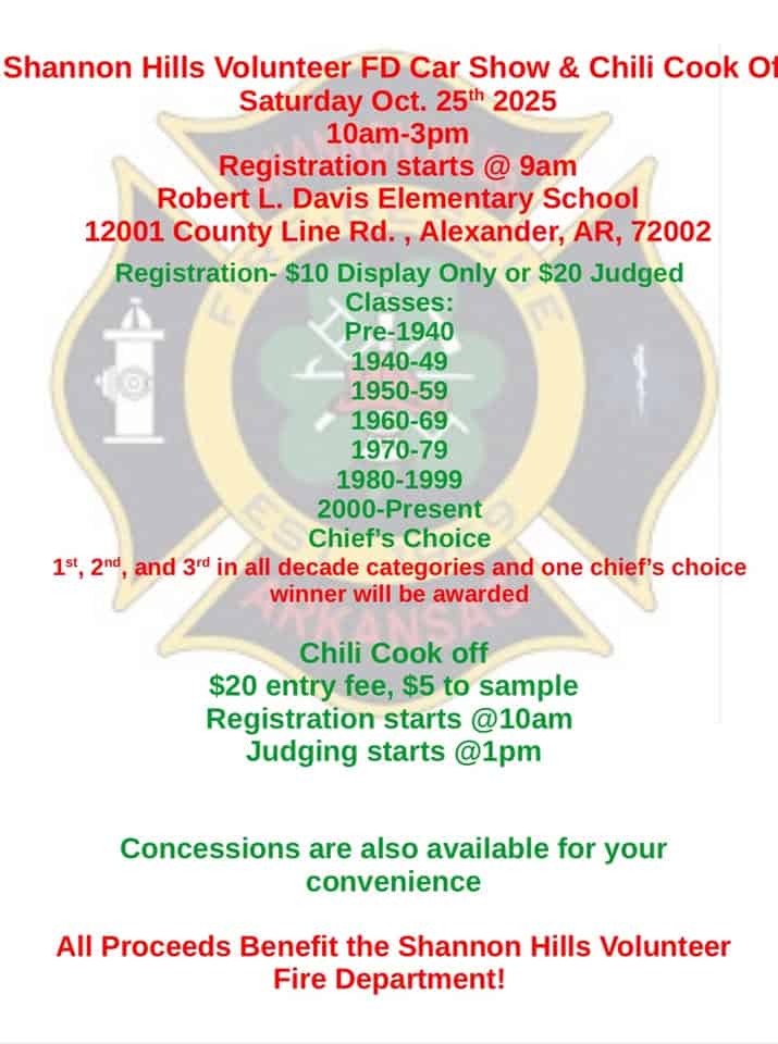 Shannon Hills Volunteer Fire Department 1st Annual Car Show and Chili Cook-Off event at 12001 County Line Rd in Alexander, AR on November 1, 2025