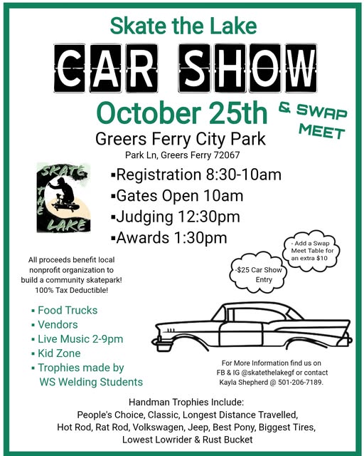 Skate the Lake Car Show event at Greers Ferry City Park in Greers Ferry, AR on October 25, 2025