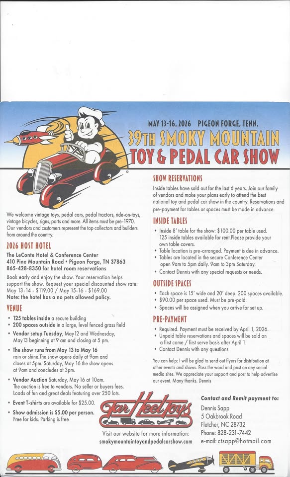 Smoky Mountain Toy and Pedalcar Show event at 316 Pine Mountain Rd in Pigeon Forge, TN on May 13, 2026