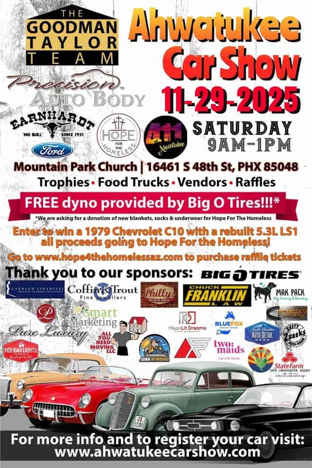 The Ahwatukee Car Show benefiting Hope for the Homeless event at 16461 S. 48Th Street in Phoenix, AZ on November 29, 2025
