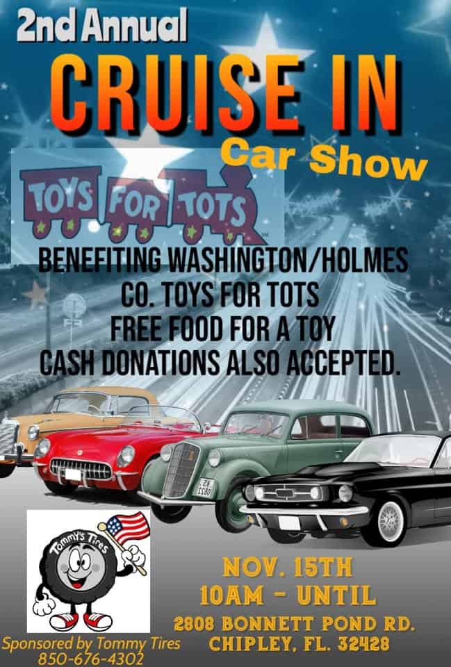 Tommyâ€™s Tires Toys for Tots Car Show event at 1202 Jackson Ave. in Chipley, FL on November 15, 2025