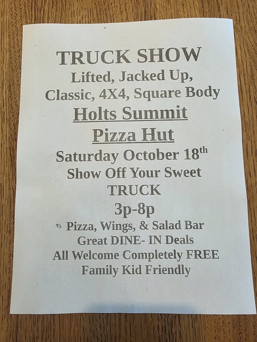 Truck Show event at Pizza Hut in Holts Summit, MO on October 18, 2025