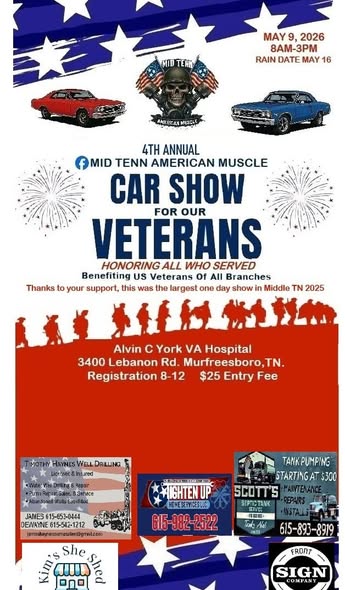 4th Annual Mid Tenn American Muscle Car Show for Our Veterans event at Alvin C York VA Hospital in Murfreesboro, TN on May 9, 2026