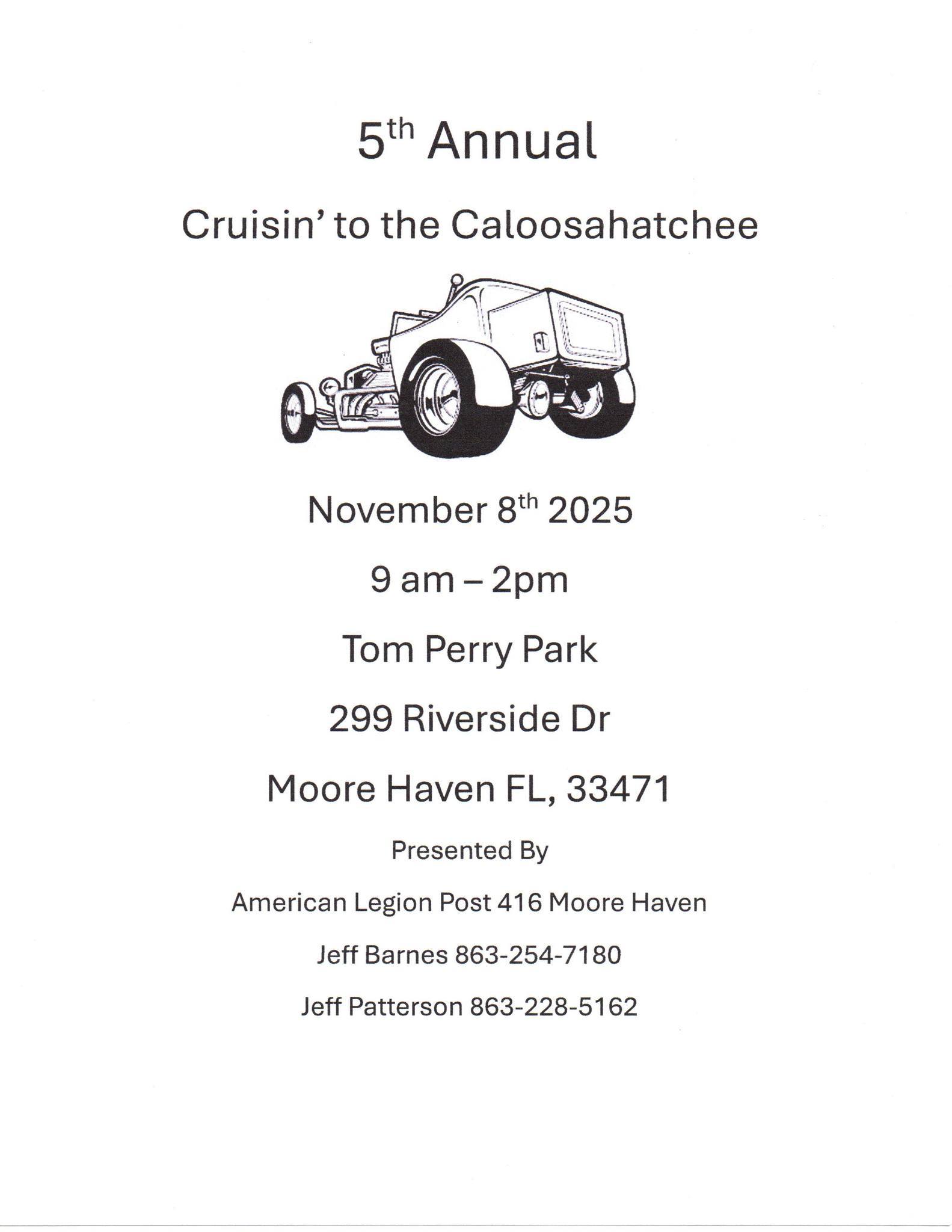 5th Annual Cruisin' to the Caloosahatchee event at Tom Perry Park in Moore Haven, FL on November 8, 2025