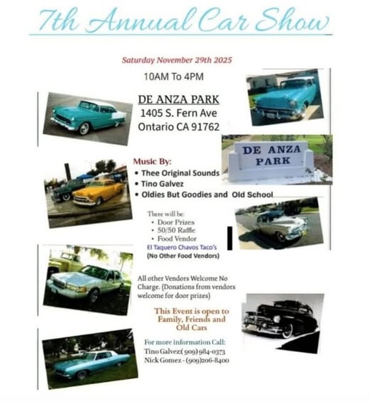 7th Annual Car Show event at De Anza Park in Ontario, CA on November 29, 2025